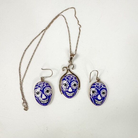Calavera Sugar Skull Terracotta Sterling Silver Pendant Necklace Earrings Set